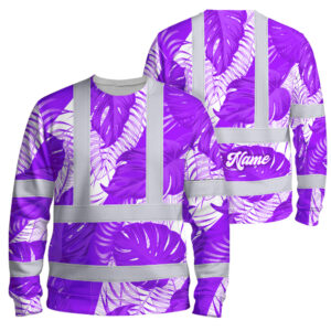 Hi Vis Long Sleeve Shirt Reflective Tapes Violet Neon Flowers Custom Name Safety Workwear For Workers, Truckers, Operators