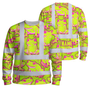 Hi Vis Long Sleeve Shirt Reflective Tapes Pink And Lime Neon Frog Custom Name Safety Workwear For Workers, Truckers, Operators