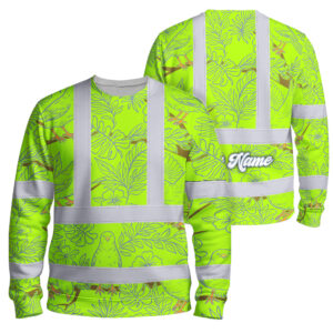 Hi Vis Long Sleeve Shirt Reflective Tapes Lime Neon White 2 Flowers Custom Name Safety Workwear For Workers, Truckers, Operators