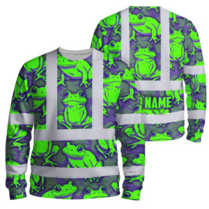 Hi Vis Long Sleeve Shirt Reflective Tapes Green Neon Violet Frog Custom Name Safety Workwear For Workers, Truckers, Operators