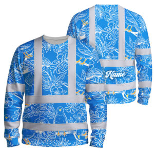 Hi Vis Long Sleeve Shirt Reflective Tapes Blue Neon White 2 Flowers Custom Name Safety Workwear For Workers, Truckers, Operators