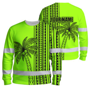 Hi Vis Long Sleeve Shirt Reflective Tapes Lime Neon Polynesian And Tree Custom Name Safety Workwear For Workers, Truckers, Operators