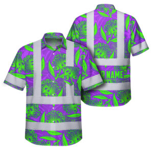 Hi Vis Hawaiian Shirt Reflective Tapes Violet Green Ohia Lehua Custom Name Safety Workwear For Workers, Truckers, Operators
