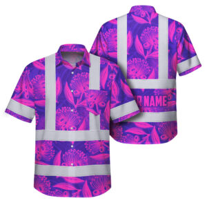 Hi Vis Hawaiian Shirt Reflective Tapes Violet Pink Ohia Lehua Custom Name Safety Workwear For Workers, Truckers, Operators
