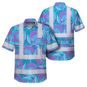 Hi Vis Hawaiian Shirt Reflective Tapes Blue Pink Ohia Lehua Custom Name Safety Workwear For Workers, Truckers, Operators