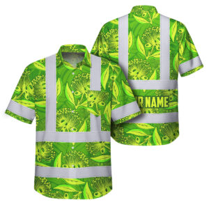 Hi Vis Hawaiian Shirt Reflective Tapes Green Lime Ohia Lehua Custom Name Safety Workwear For Workers, Truckers, Operators