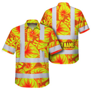 Hi Vis Hawaiian Shirt Reflective Tapes Orange Lime Anthurium Custom Name Safety Workwear For Workers, Truckers, Operators