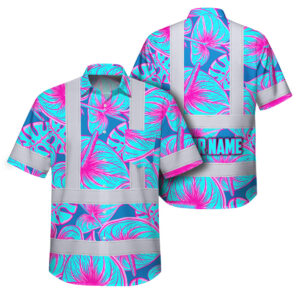 Hi Vis Hawaiian Shirt Reflective Tapes Blue Pink Anthurium Custom Name Safety Workwear For Workers, Truckers, Operators