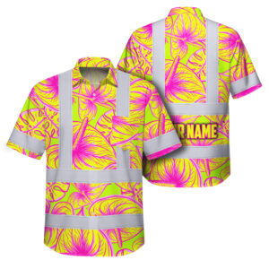 Hi Vis Hawaiian Shirt Reflective Tapes Yellow Pink Anthurium Custom Name Safety Workwear For Workers, Truckers, Operators