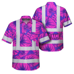 Hi Vis Hawaiian Shirt Reflective Tapes Violet Pink Anthurium Custom Name Safety Workwear For Workers, Truckers, Operators