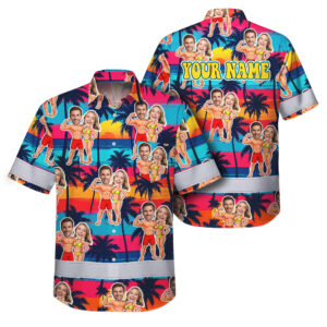 Hi Vis Hawaiian Shirt Reflective Tapes Couple Beach 2 Custom Name And Image Safety Workwear For Workers, Truckers, Operators