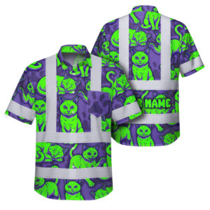Hi Vis Hawaiian Shirt Reflective Tapes Violet Green Cat Custom Name Safety Workwear For Workers, Truckers, Operators