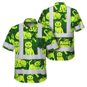 Hi Vis Hawaiian Shirt Reflective Tapes Lime Green Cat Custom Name Safety Workwear For Workers, Truckers, Operators