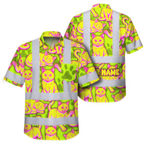 Hi Vis Hawaiian Shirt Reflective Tapes Yellow Pink Cat Custom Name Safety Workwear For Workers, Truckers, Operators