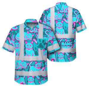 Hi Vis Hawaiian Shirt Reflective Tapes Blue Pink Cat Custom Name Safety Workwear For Workers, Truckers, Operators