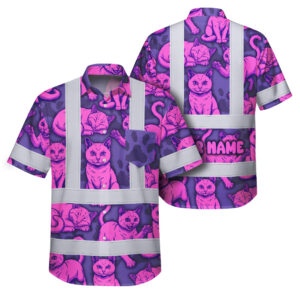Hi Vis Hawaiian Shirt Reflective Tapes Violet Pink Cat Custom Name Safety Workwear For Workers, Truckers, Operators
