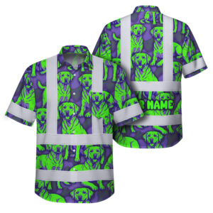 Hi Vis Hawaiian Shirt Reflective Tapes Violet Green Dog Custom Name Safety Workwear For Workers, Truckers, Operators