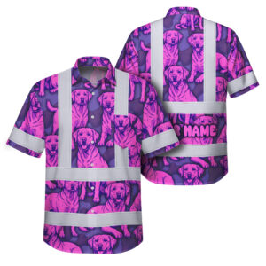 Hi Vis Hawaiian Shirt Reflective Tapes Violet Pink Dog Custom Name Safety Workwear For Workers, Truckers, Operators