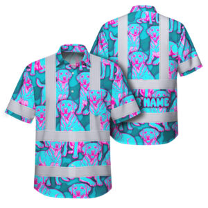 Hi Vis Hawaiian Shirt Reflective Tapes Blue Pink Dog Custom Name Safety Workwear For Workers, Truckers, Operators