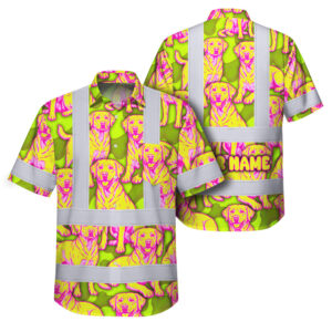 Hi Vis Hawaiian Shirt Reflective Tapes Yellow Pink Dog Custom Name Safety Workwear For Workers, Truckers, Operators