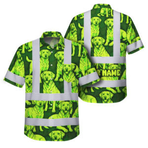 Hi Vis Hawaiian Shirt Reflective Tapes Lime Green Dog Custom Name Safety Workwear For Workers, Truckers, Operators