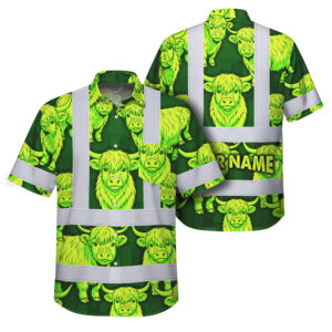 Hi Vis Hawaiian Shirt Reflective Tapes Lime Green Cow Custom Name Safety Workwear For Workers, Truckers, Operators