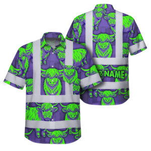 Hi Vis Hawaiian Shirt Reflective Tapes Violet Green Cow Custom Name Safety Workwear For Workers, Truckers, Operators