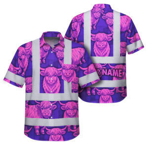 Hi Vis Hawaiian Shirt Reflective Tapes Violet Pink Cow Custom Name Safety Workwear For Workers, Truckers, Operators