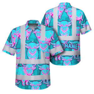 Hi Vis Hawaiian Shirt Reflective Tapes Blue Pink Cow Custom Name Safety Workwear For Workers, Truckers, Operators