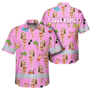 Hi Vis Hawaiian Shirt Reflective Tapes Pink Girl Beach Custom Name And Image Safety Workwear For Workers, Truckers, Operators
