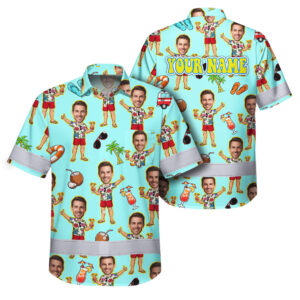 Hi Vis Hawaiian Shirt Reflective Tapes Blue Men Beach Custom Name And Image Safety Workwear For Workers, Truckers, Operators
