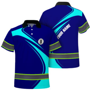 Hi Vis Polo Shirt Reflective Tapes Blue Neon Company Uniform Custom Name And Logo Safety Workwear For Workers, Truckers, Operators