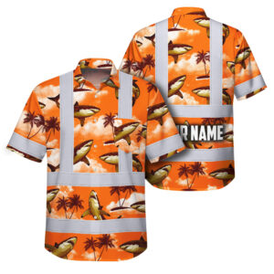 Hi Vis Hawaiian Shirt Reflective Tapes Orange Neon Shark Custom Name Safety Workwear For Mechanics, Workers, Truckers, Operators