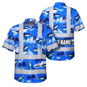 Hi Vis Hawaiian Shirt Reflective Tapes Blue Neon Shark Custom Name Safety Workwear For Mechanics, Workers, Truckers, Operators