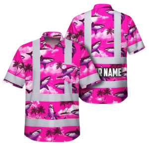 Hi Vis Hawaiian Shirt Reflective Tapes Pink Neon Shark Custom Name Safety Workwear For Mechanics, Workers, Truckers, Operators