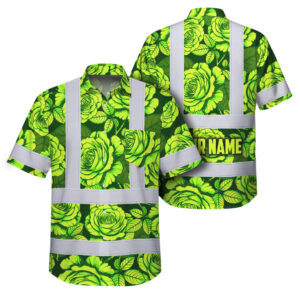 Hi Vis Hawaiian Shirt Reflective Tapes Green Lime Roses Custom Name Safety Workwear For Workers, Truckers, Operators
