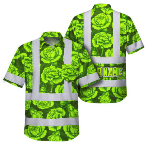 Hi Vis Hawaiian Shirt Reflective Tapes Green Lime Carnations Custom Name Safety Workwear For Workers, Truckers, Operators