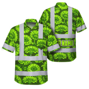 Hi Vis Hawaiian Shirt Reflective Tapes Green Lime Gerbera Daisies Custom Name Safety Workwear For Workers, Truckers, Operators