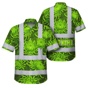 Hi Vis Hawaiian Shirt Reflective Tapes Green Lime Chrysanthemums Custom Name Safety Workwear For Workers, Truckers, Operators
