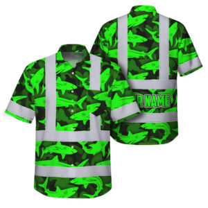 Hi Vis Hawaiian Shirt Reflective Tapes Green Camo Shark Custom Name Safety Workwear For Mechanics, Workers, Truckers, Operators