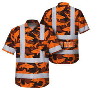 Hi Vis Hawaiian Shirt Reflective Tapes Orange Camo Shark Custom Name Safety Workwear For Mechanics, Workers, Truckers, Operators