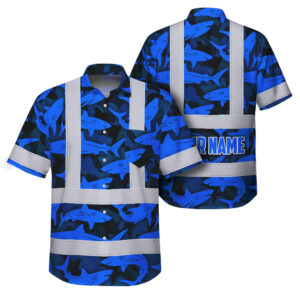 Hi Vis Hawaiian Shirt Reflective Tapes Blue Camo Shark Custom Name Safety Workwear For Mechanics, Workers, Truckers, Operators