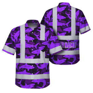 Hi Vis Hawaiian Shirt Reflective Tapes Violet Camo Shark Custom Name Safety Workwear For Mechanics, Workers, Truckers, Operators