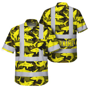 Hi Vis Hawaiian Shirt Reflective Tapes Yellow Camo Shark Custom Name Safety Workwear For Mechanics, Workers, Truckers, Operators