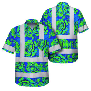 Hi Vis Hawaiian Shirt Reflective Tapes Flower Green Blue Roses Custom Name Safety Workwear For Workers, Truckers, Operators