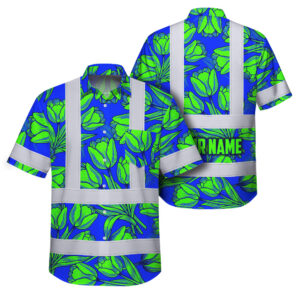 Hi Vis Hawaiian Shirt Reflective Tapes Flower Green Blue Tulips Custom Name Safety Workwear For Workers, Truckers, Operators