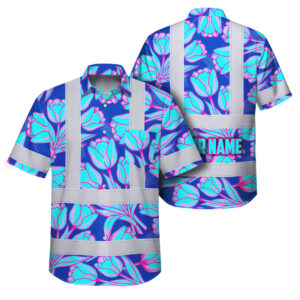 Hi Vis Hawaiian Shirt Reflective Tapes Flower Blue Pink Tulips Custom Name Safety Workwear For Workers, Truckers, Operators