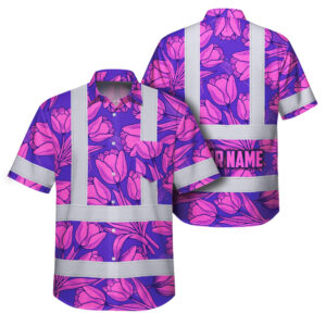 Hi Vis Hawaiian Shirt Reflective Tapes Flower Violet Pink Tulips Custom Name Safety Workwear For Workers, Truckers, Operators