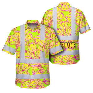 Hi Vis Hawaiian Shirt Reflective Tapes Flower Yellow Pink Tulips Custom Name Safety Workwear For Workers, Truckers, Operators