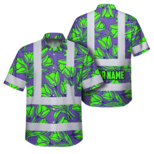 Hi Vis Hawaiian Shirt Reflective Tapes Flower Violet Green Tulips Custom Name Safety Workwear For Workers, Truckers, Operators